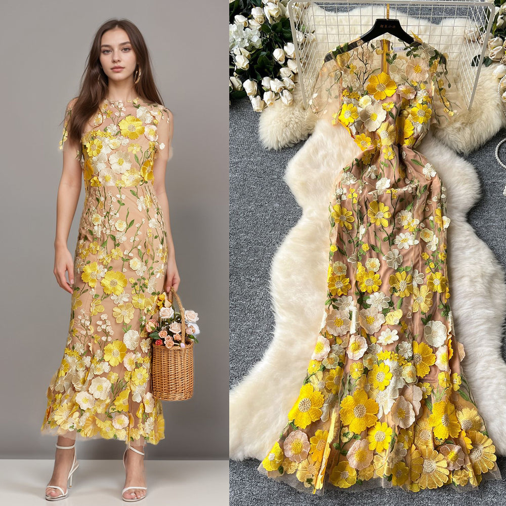 Evening party high-end formal dress women's long dress european and american style 3d floral embroidery slimming mermaid tail