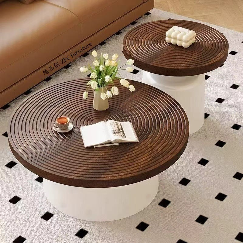 Wabi-sabi style coffee table, vintage-inspired living room coffee table, french retro designer piece, same style as seen in homes, small apartment round table
