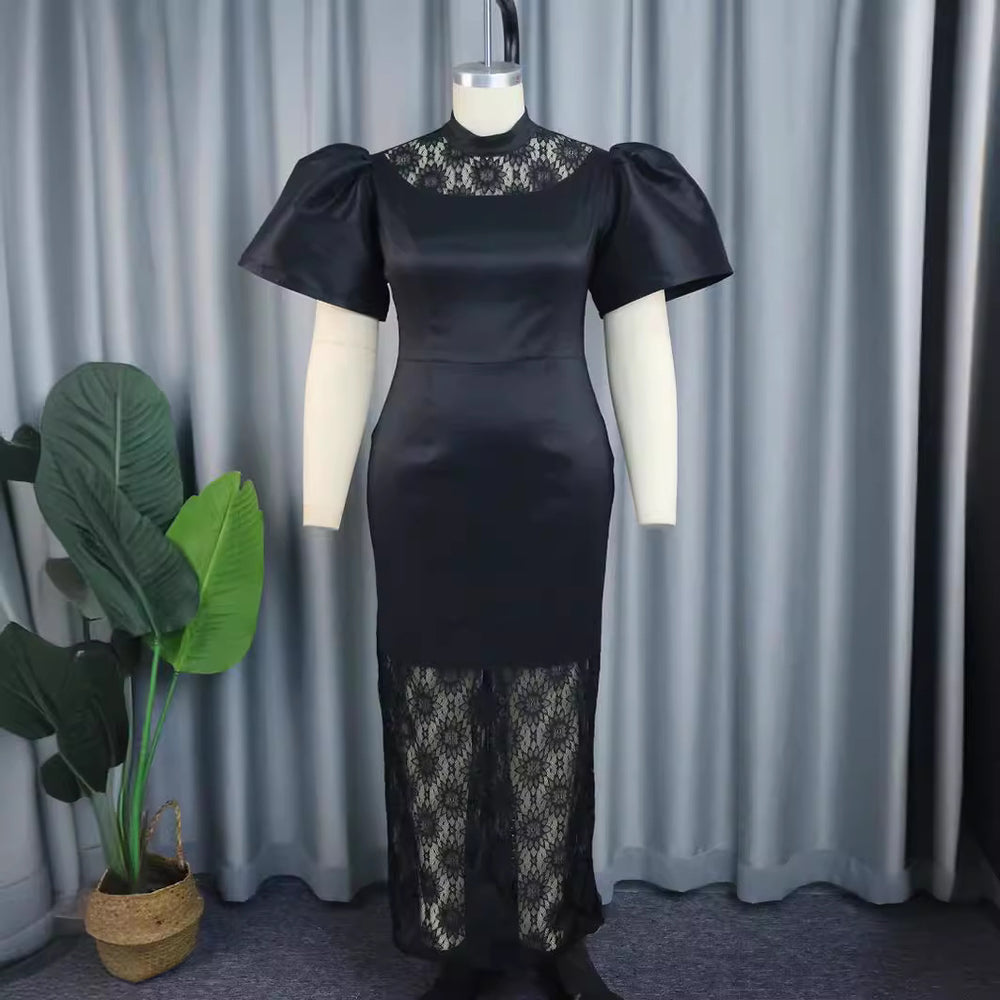 Am030302 designer stand collar flared sleeve dress - elegant lace see-through mini dress