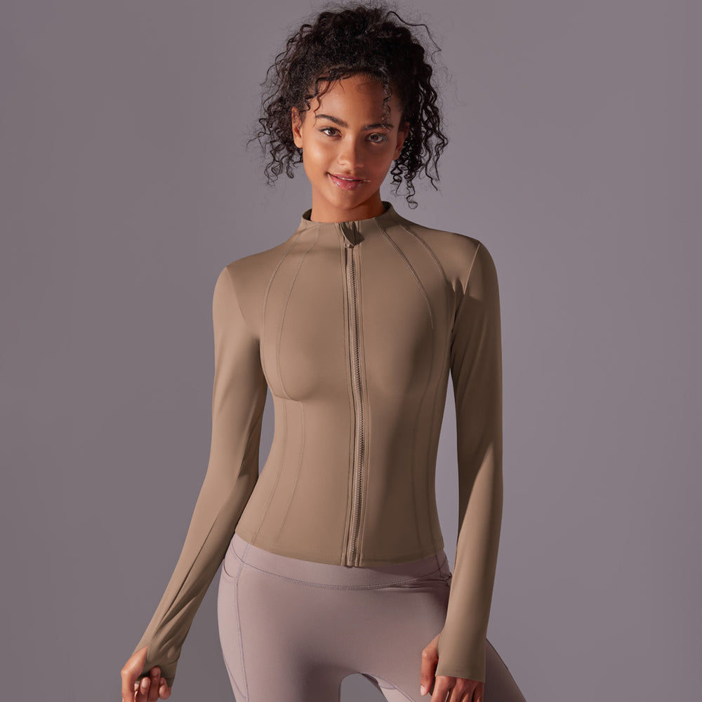 Fashionnew arrival zipper yoga outwear naked tight sports tops women's silmslimming look stand collar fitness clothes long sleeves