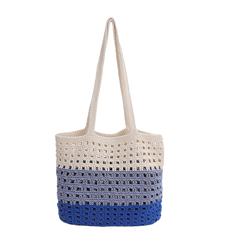 Cross-border 2025 new simple large-capacity woven bag women's wool crocheted hollow shoulder bag gift vacation beach bag