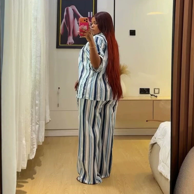 European and american cross-border african women's clothing  summer new fashion casual striped loose shirt high-waisted pants set