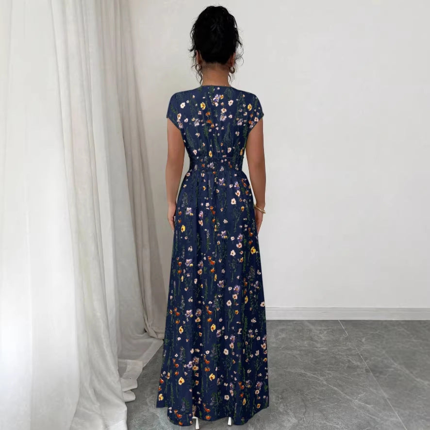 european and american cross-border new summer v-neck french floral print bodycon dress