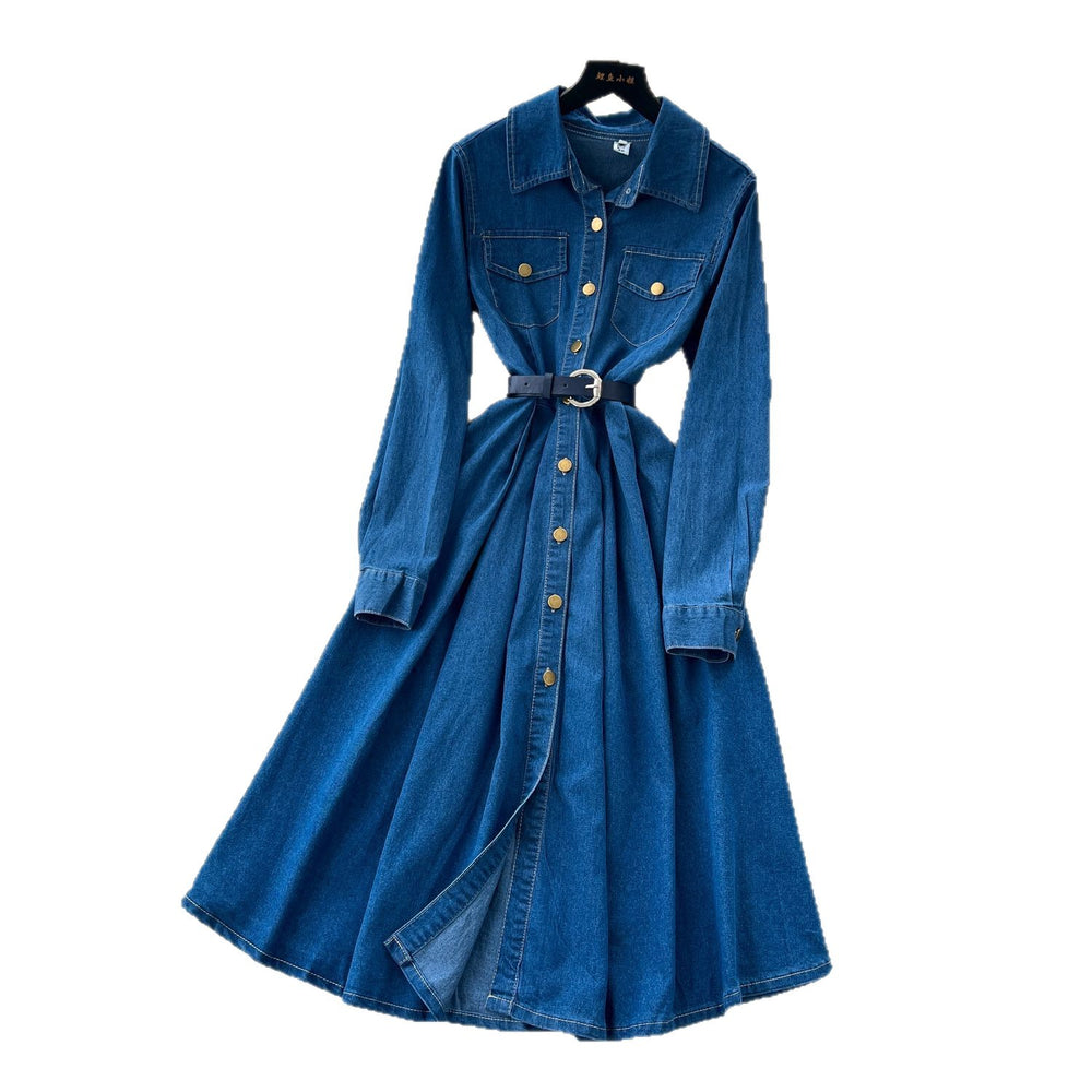 Classysense niche styleretro lapel long sleeves denim dress women's autum strap waist single breasted pleated long skirt