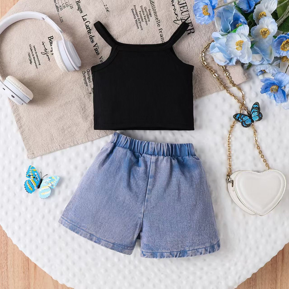 Children's clothingexport cross-border summer sweet cool girl bow printing suspender + pants skirt set