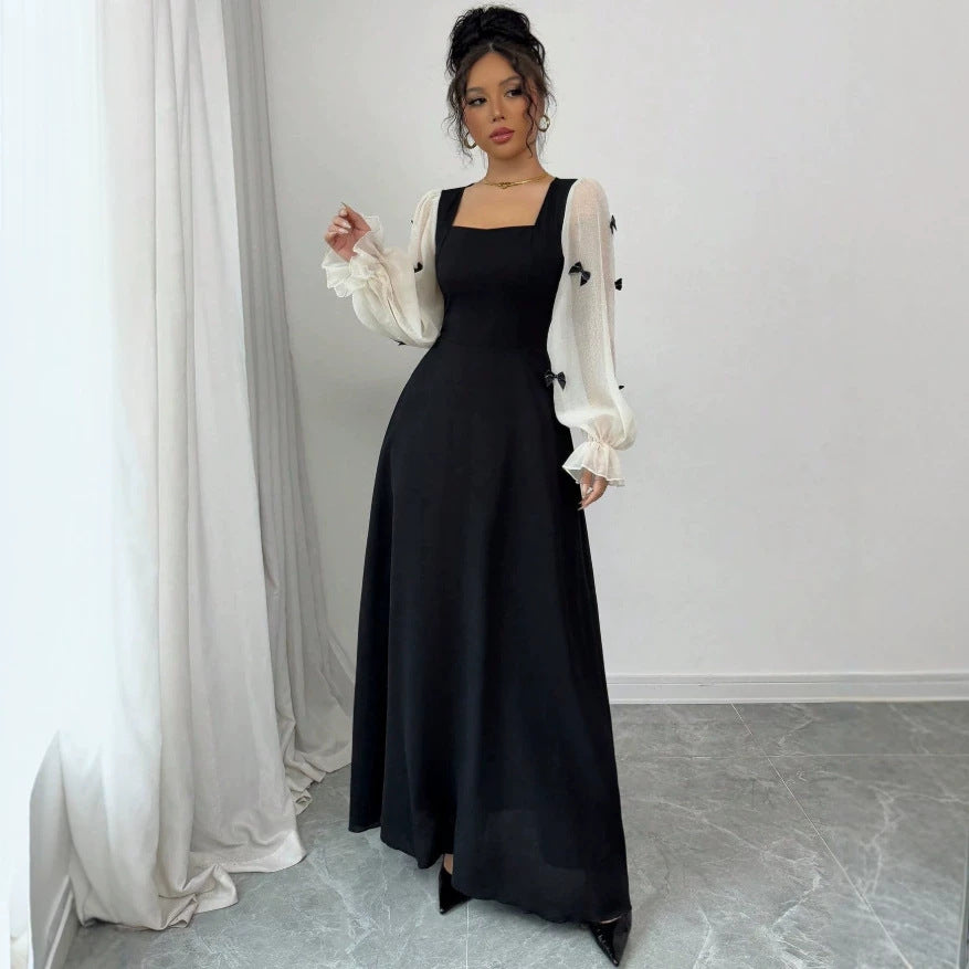 European and american cross-border  french color block bowknot fairy maxi dress - solid black body with high-waisted paneling