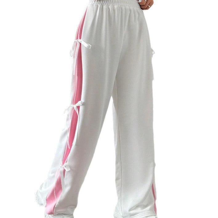 european and american style women's spring/autumn elastic waistband color-blocked straight-leg casual white athletic pants with bow detail