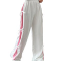 european and american style women's spring/autumn elastic waistband color-blocked straight-leg casual white athletic pants with bow detail