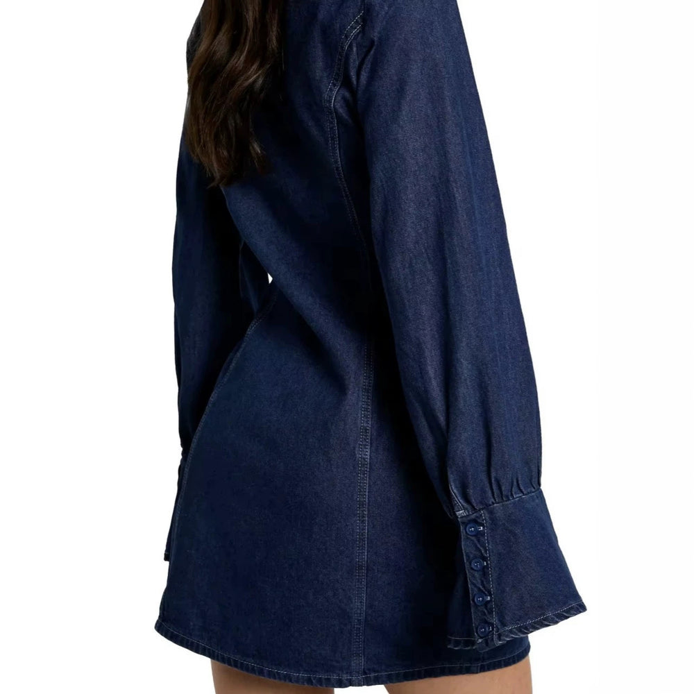 Amazon foreign trade cross-border fashion new women's solid color round neck long sleeve bodycon denim dress - elegant style