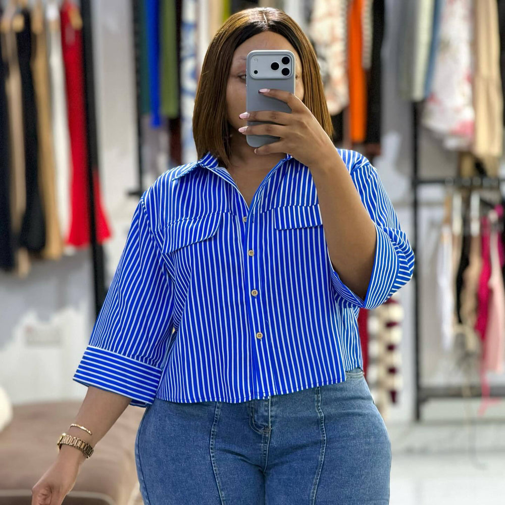 European and american cross-border women's fashion:  summer new arrival - stylish and elegant loose-fit turn-down collar design short striped blouse