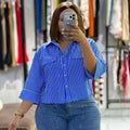 European and american cross-border women's fashion:  summer new arrival - stylish and elegant loose-fit turn-down collar design short striped blouse