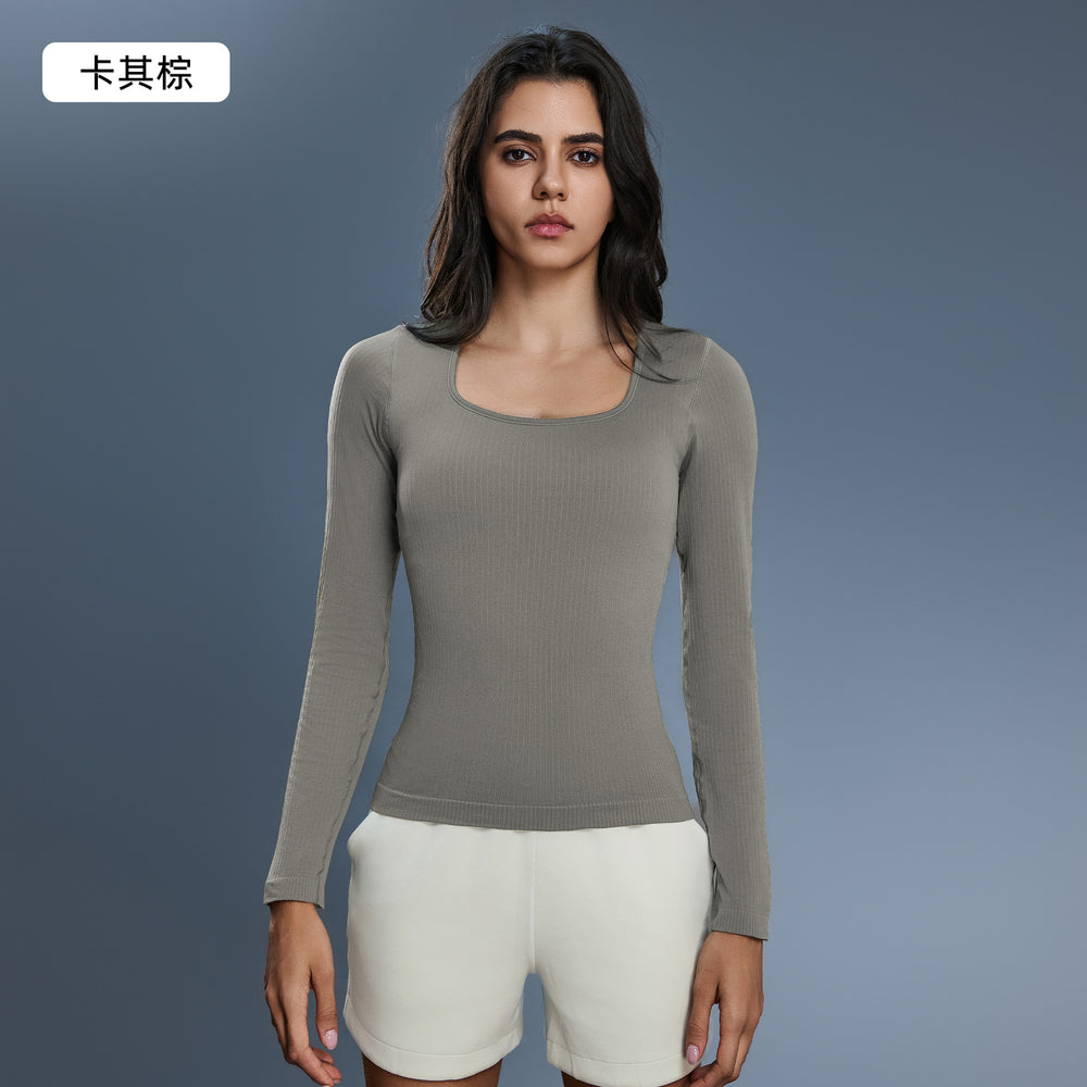 Women's yoga top with built-in bra pads, long sleeve square neck slimming base layer top for autumn - d25176