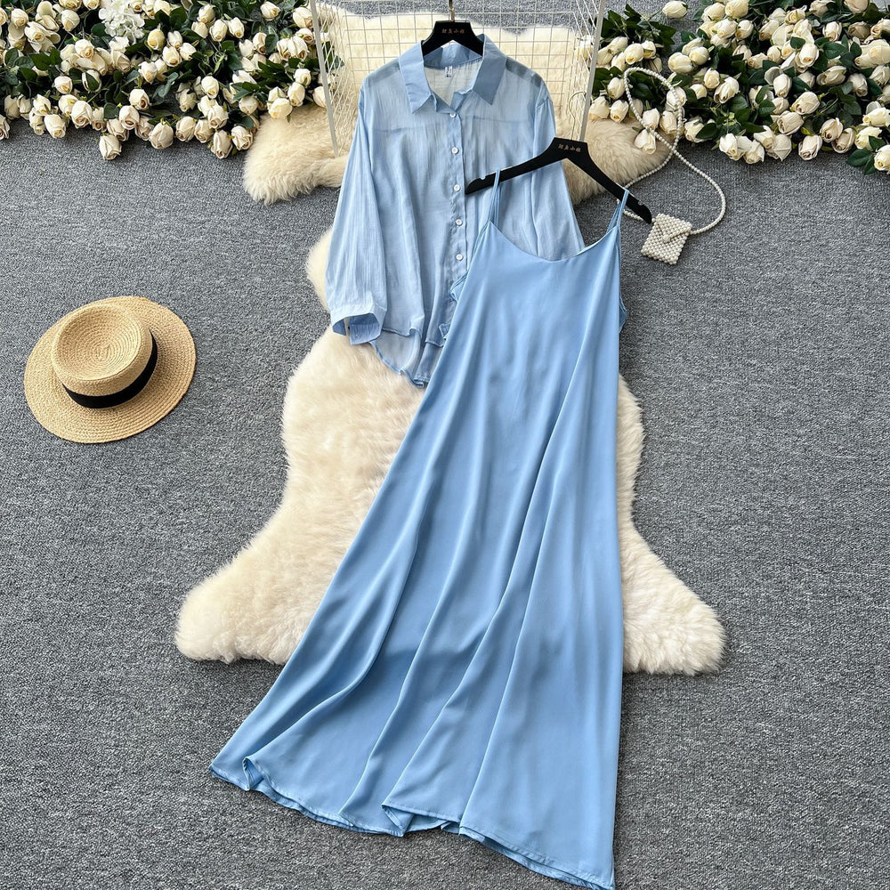 Eleganttwo-piece set women's niche style lazy style outer wear thin looselong sleeves sun protection shirt outwear + suspender dress