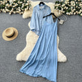 Eleganttwo-piece set women's niche style lazy style outer wear thin looselong sleeves sun protection shirt outwear + suspender dress