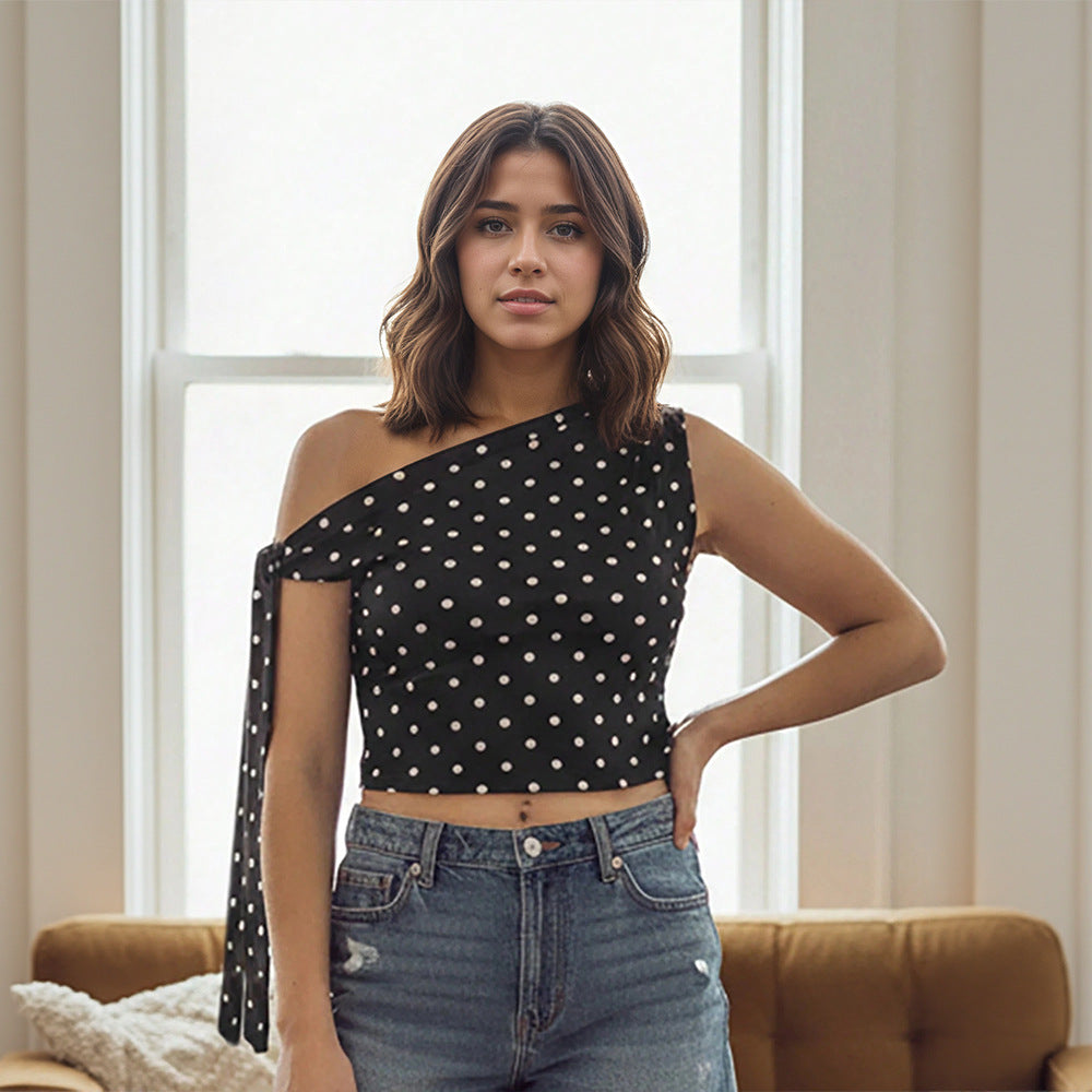 Amazon fashionnew arrival exquisite bows oblique shoulder strap design black and white polka dot one-shoulder shortcrop top