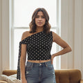 Amazon fashionnew arrival exquisite bows oblique shoulder strap design black and white polka dot one-shoulder shortcrop top