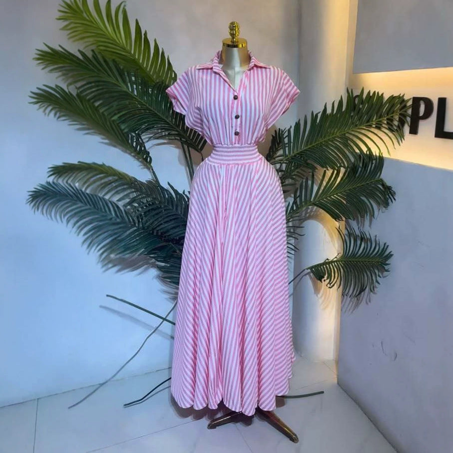 European and american cross-border women's fashion:  summer new arrival - elegant casual striped shirtdress with turn-down collar and cinched waist