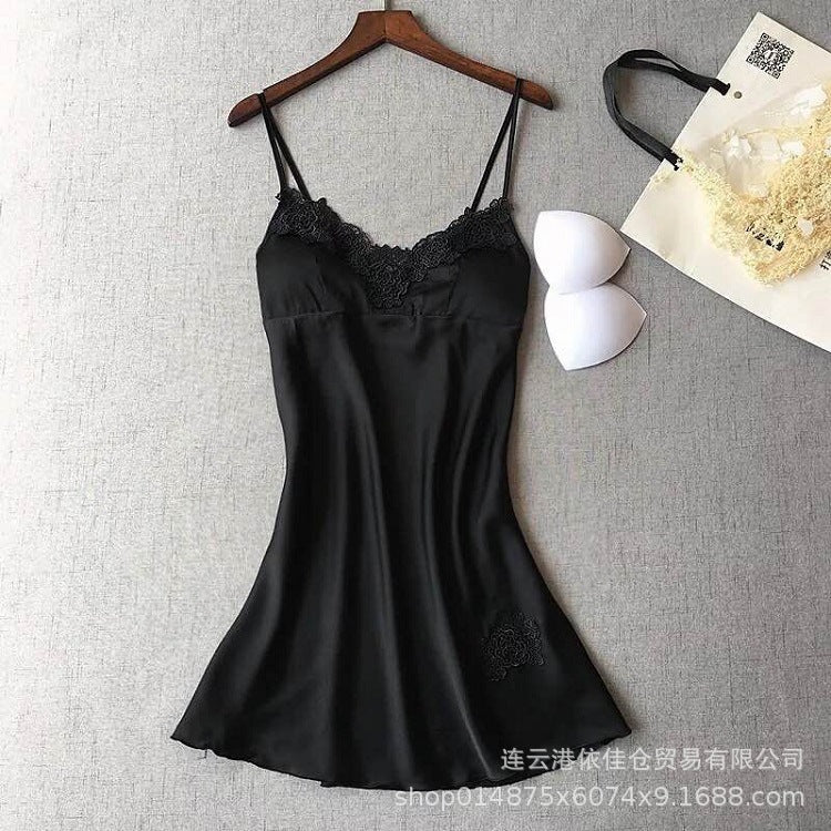 New european and american style faux silk black loungewear two-piece set - fashionable and comfortable lace trim pajama set