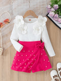 hot-selling girls' 3d floral top and beaded irregular skort two-piece set
