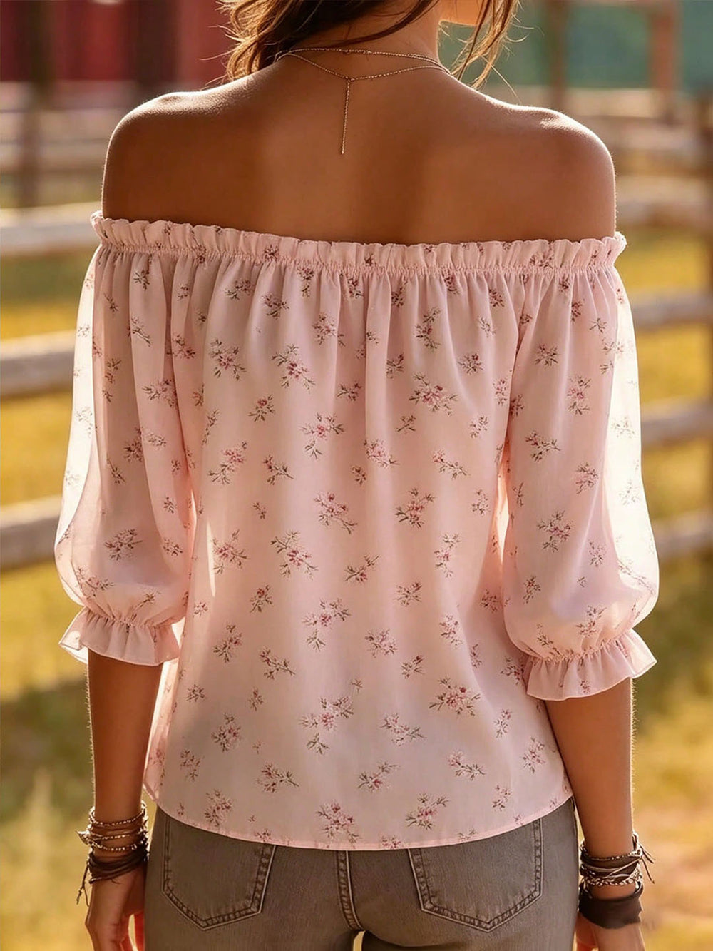 fashion  summer new pink floral off-the-shoulder top, bardot neck bubble sleeve chiffon blouse