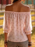 fashion  summer new pink floral off-the-shoulder top, bardot neck bubble sleeve chiffon blouse