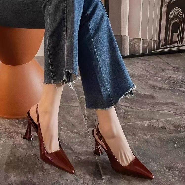 Patent leather fashion stiletto pointed-toe high heels - 2025 spring new arrival - bestselling burgundy thong sandals for women
