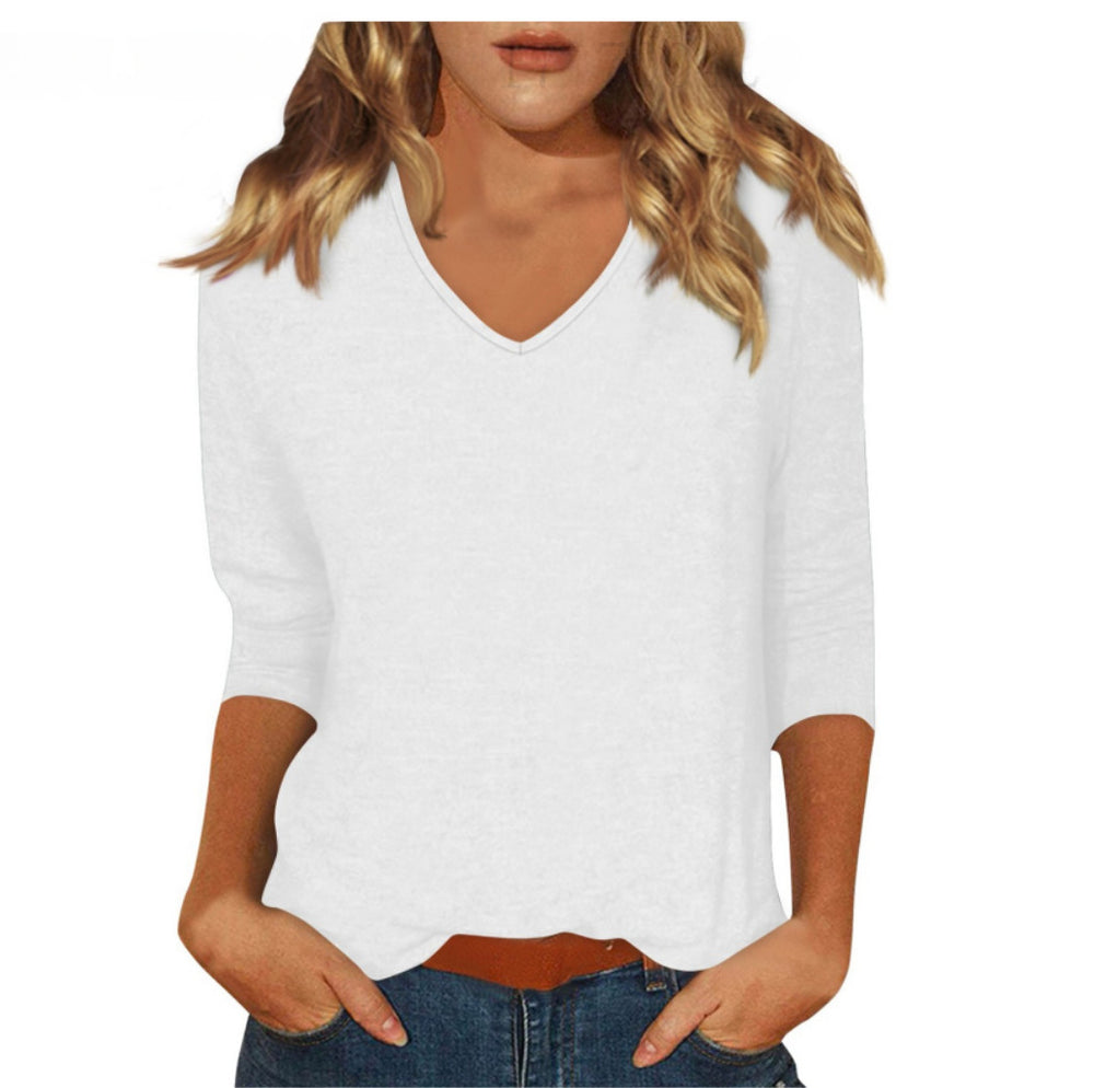 cross-border  women's everyday versatile casual v-neck solid color three-quarter sleeve t-shirt top