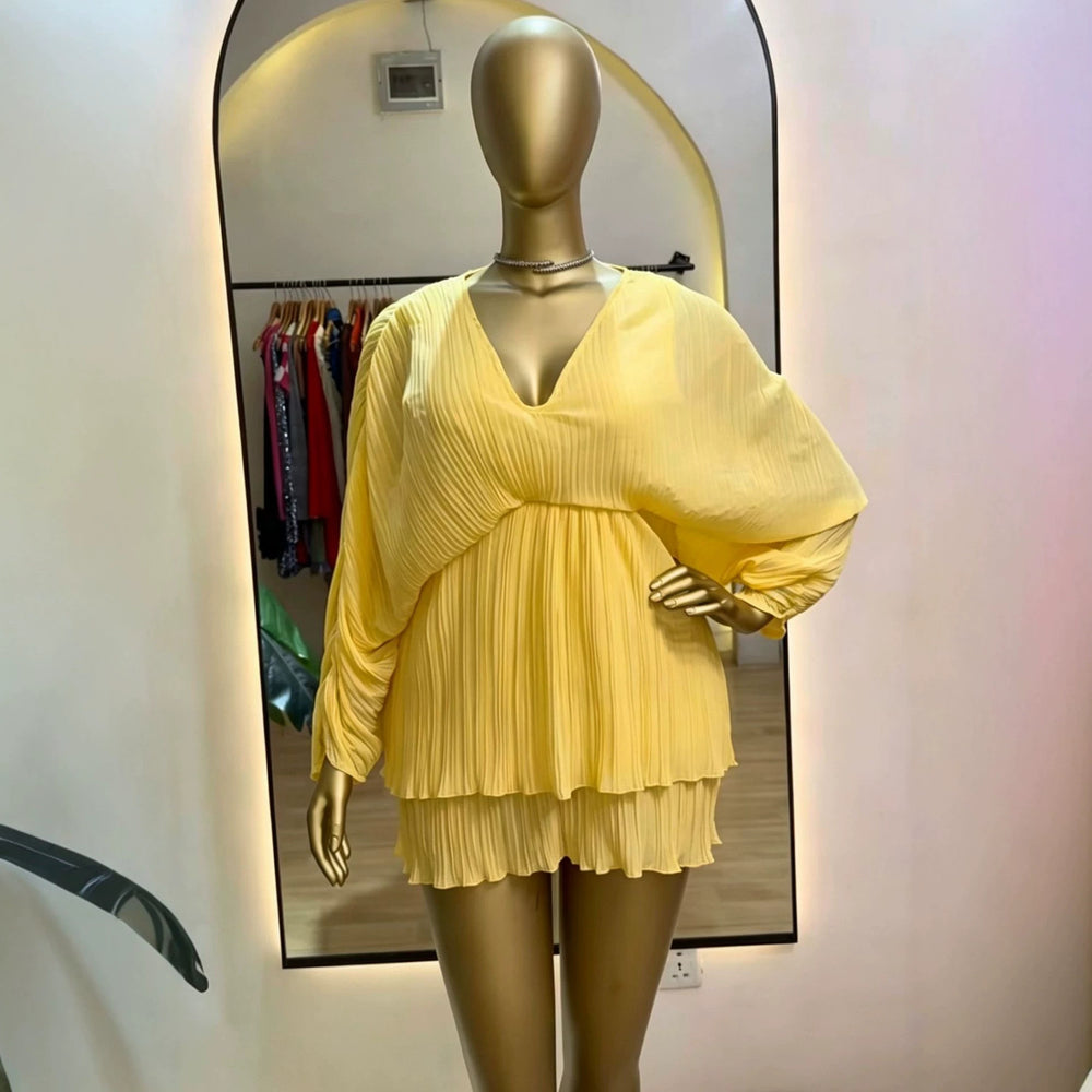supply v neck pleated chiffon bat sleeve elastic waist free size short skirt dress