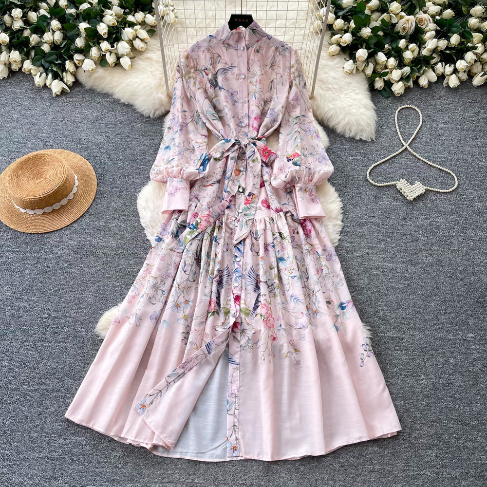 French retro print lantern sleeve dress - women's autumn korean style tie-waist slimming a-line maxi dress - commute friendly