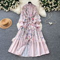 French retro print lantern sleeve dress - women's autumn korean style tie-waist slimming a-line maxi dress - commute friendly