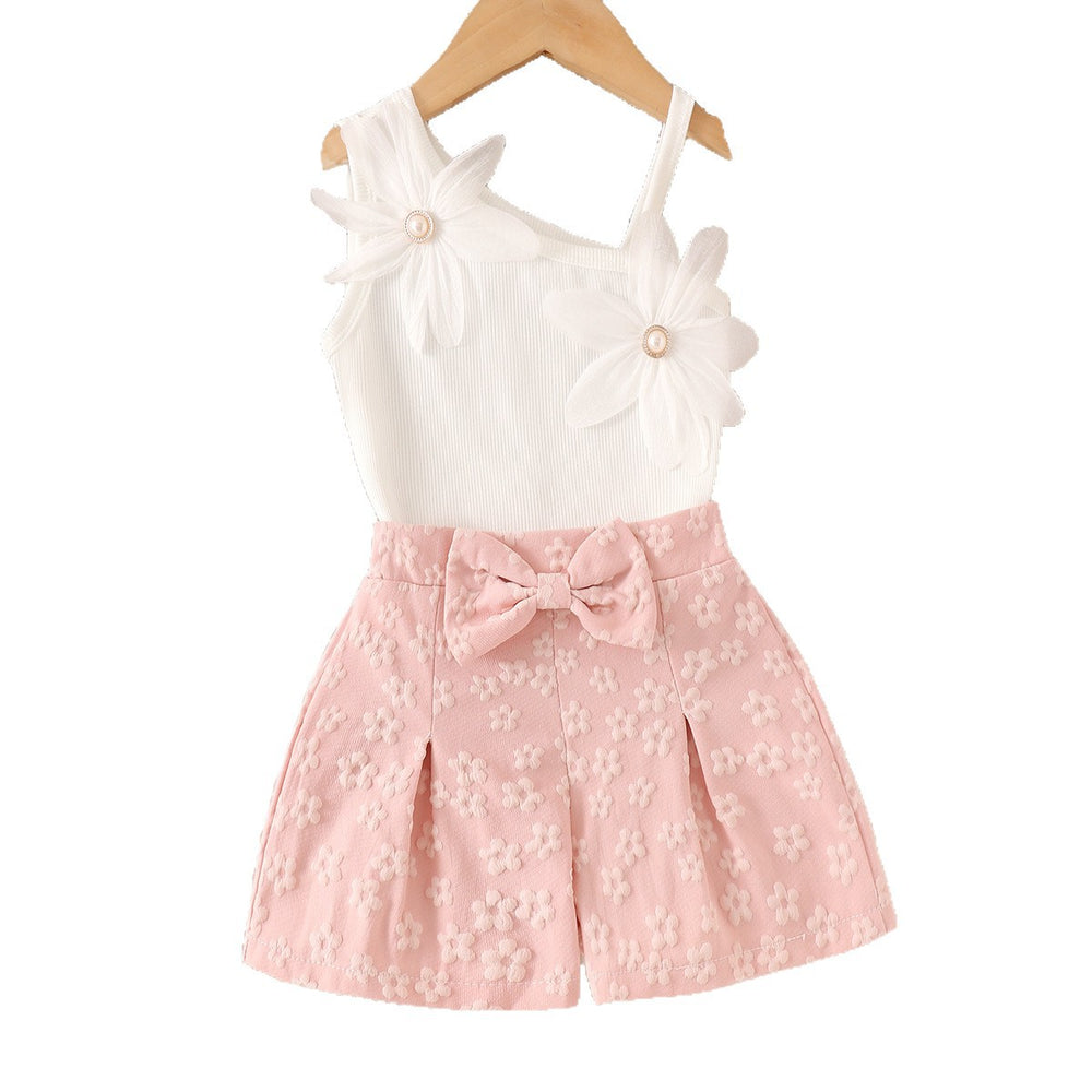 Baby clothing kids setwhite vest + pink shorts two-piece set children's clothing suit cross-border