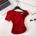 Korean style commute chic one-shoulder twist knot minimalist short sleeve t-shirt - women's summer loose fit, slimming design with ruched detail