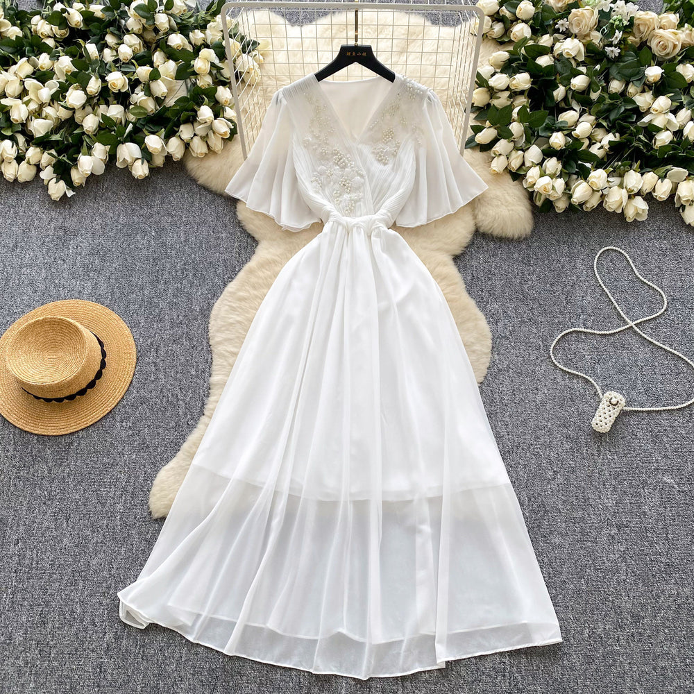 French retro chic v-neck dress - women's summer pleated, beaded, and crinkled design - mature and elegant maxi dress