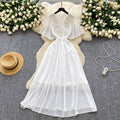 French retro chic v-neck dress - women's summer pleated, beaded, and crinkled design - mature and elegant maxi dress