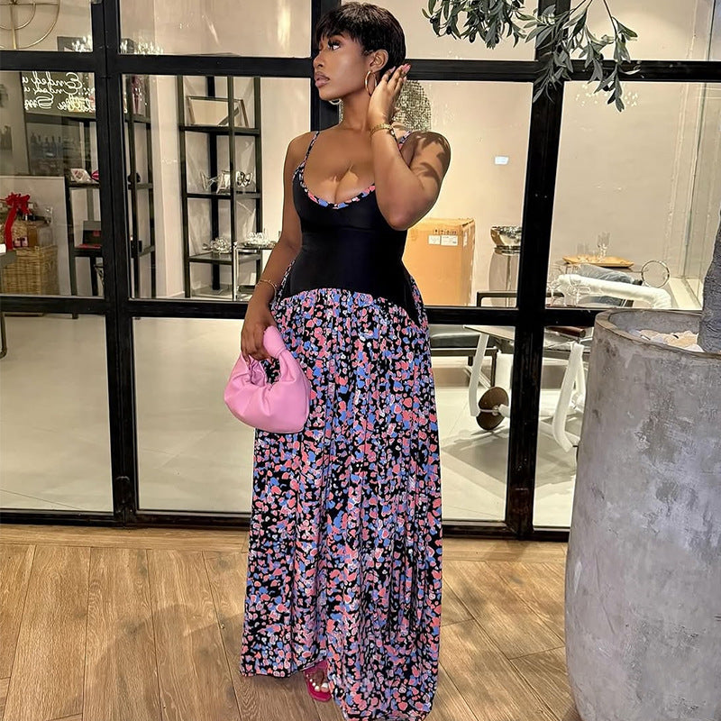 European and american cross-border women's fashion:  summer new arrival - elegant v-neck printed high-waisted pleated maxi dress with spaghetti straps
