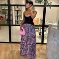 European and american cross-border women's fashion:  summer new arrival - elegant v-neck printed high-waisted pleated maxi dress with spaghetti straps
