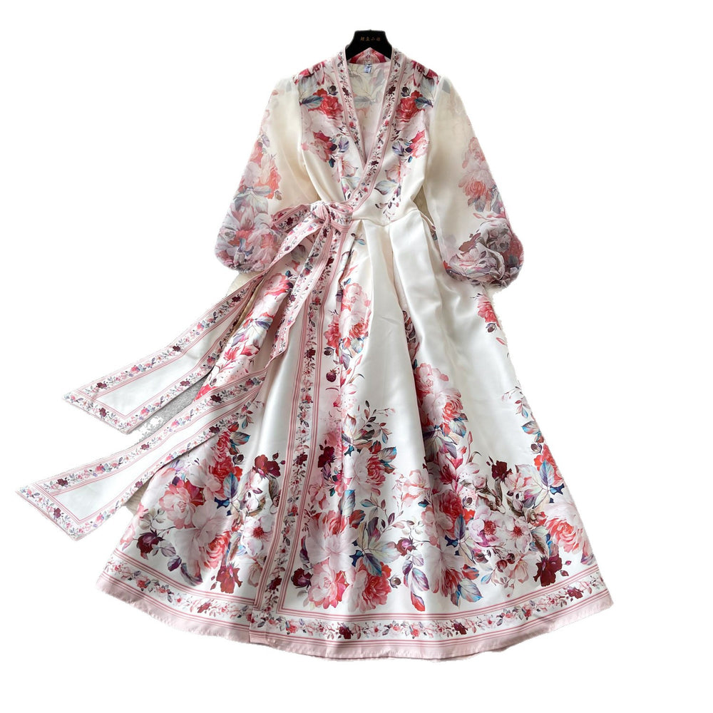 Vintage court style v-neck lantern sleeve printed dress - women's summer tie-waist slimming maxi dress with elegant flare