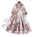 Vintage court style v-neck lantern sleeve printed dress - women's summer tie-waist slimming maxi dress with elegant flare