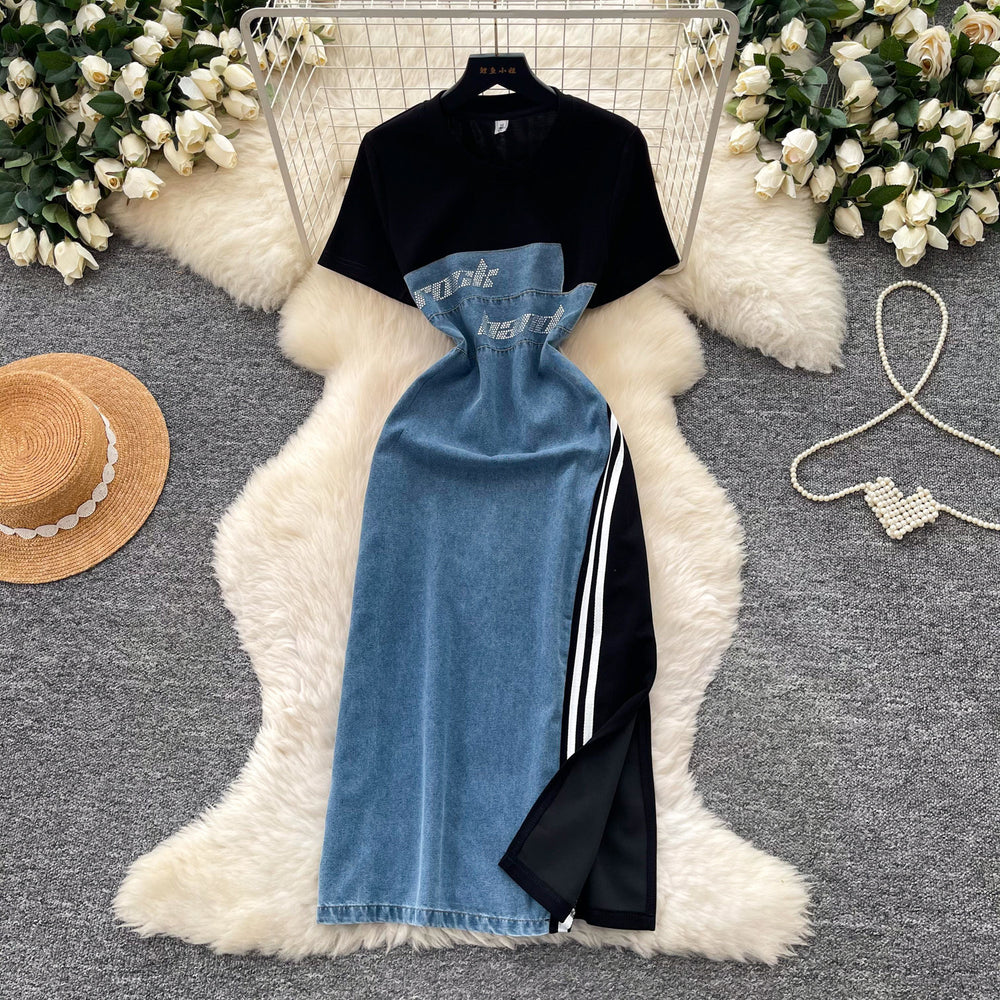 Korean style faux two-piece patchwork round neck dress - women's summer slimming a-line denim dress for work
