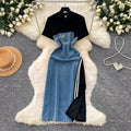Korean style faux two-piece patchwork round neck dress - women's summer slimming a-line denim dress for work