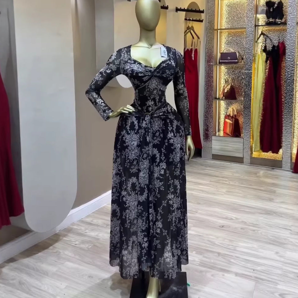 European and american cross-border women's clothing:  summer new arrival - elegant square neck bandeau printed slim-fit maxi dress
