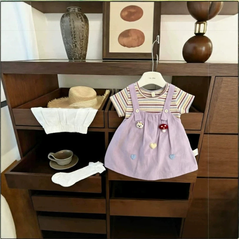 Girls' overalls dress set - summer  new collection: kids' fashion striped short-sleeve summer style, sweet baby two-piece look