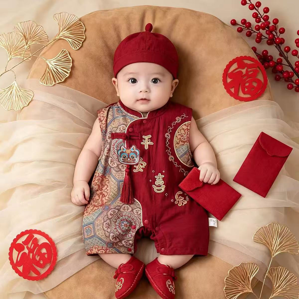 New chinoiserie baby boy thin jumpsuit summer clothes festive baby clothes summer full moon 100-day banquet first birthday dress