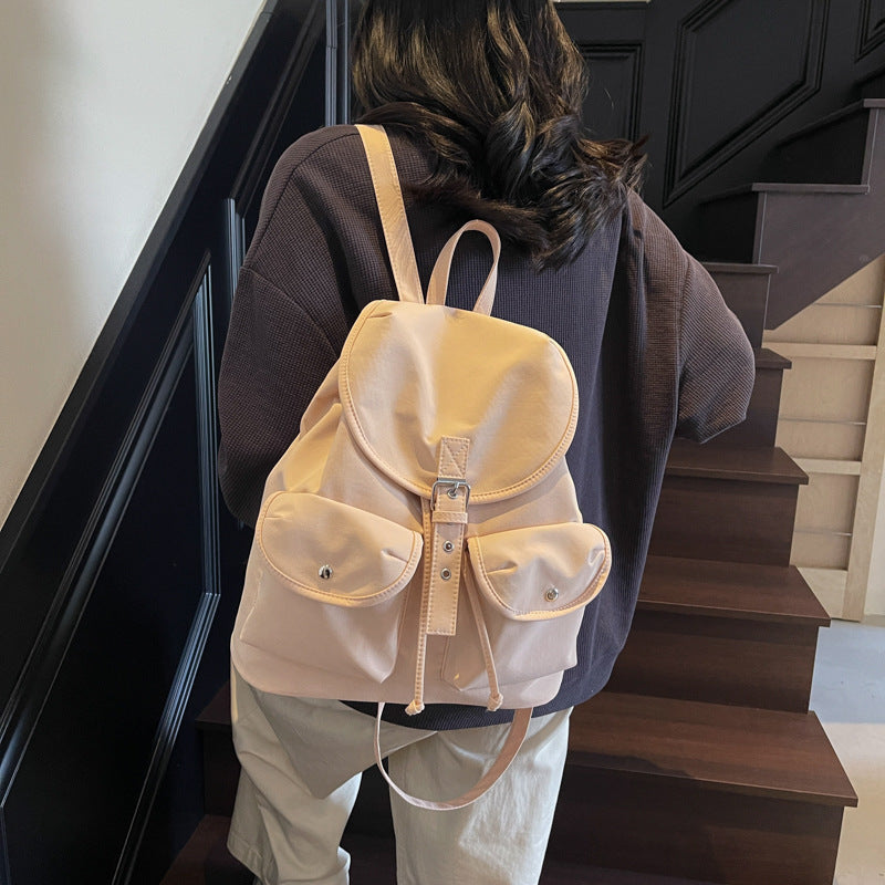 Solid color retro backpack women's 2025 new fashion travel leisure backpack double pocket college bag