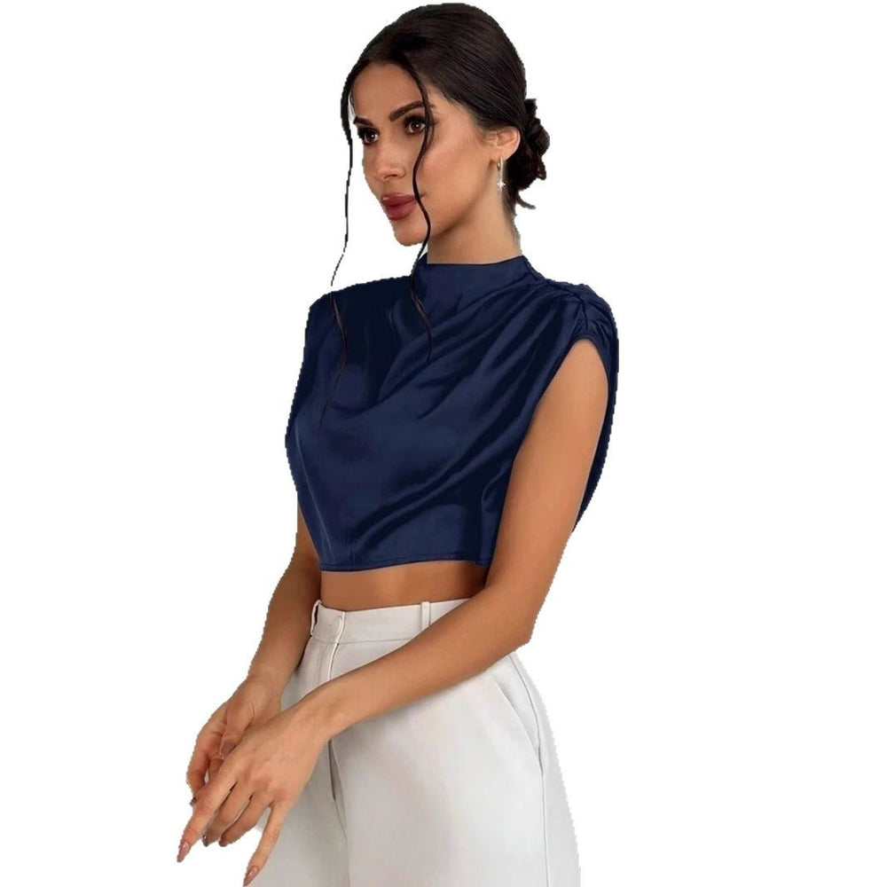 European and american style spring/summer pleated satin blouse - bestselling cross-border e-commerce item - satin-like silk cropped shirt