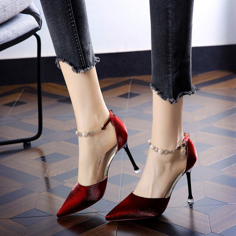 Red bottom high heels sexy silks and satins one-piece buckle pointed toe rhinestone red 2025 spring stiletto dress women's flats