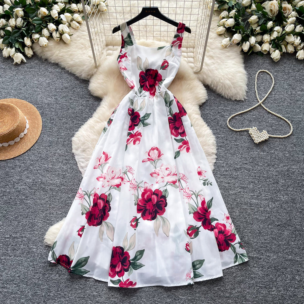French riviera style printed cami dress - women's summer soft & chic white a-line dress - slim fit, figure-flattering, elegant maxi dress