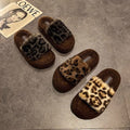 Leopard print platform slippers with faux fur trim - women's outdoor wear, new autumn/winter 2024 fashion, fluffy cotton house slippers
