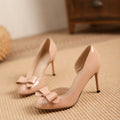 2025 new nude thong heel pumps: elegant, comfortable, and chic. featuring a stiletto heel, round toe, and a stylish patent leather bow detail