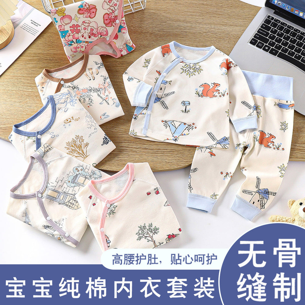 Newborn baby underwear set, all-cotton seamless thermal underwear, cute cartoon design, high-waisted pants for baby, belly protection
